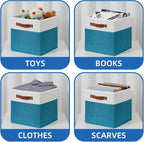Temary Storage Cube Bins 11 Cube Storage Bins Storage Baskets for Closet, Shelves 4 Pack Fabric Organizer Bins with Leather Handles(White&Teal)