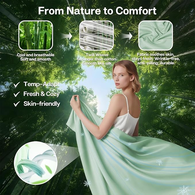 MR&HM California King Fitted Sheet, Ultra-Soft Rayon Derived from Bamboo & Polyester Blend, Silky & Breathable, 15" Deep Pocket with Elastic Straps, Cooling Fitted Sheet for Hot Sleepers, Sage Green