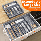 RoomHacks Large Silverware Organizer,Expandable Utensil Drawer Organizer,BPA Free Utensil Holder,Adjustable Silverware Tray Cutlery Drawer Organizer for Kitchen Flatware,Large,Grey,2 Pack