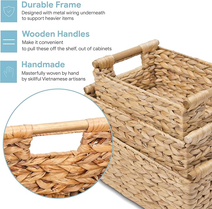 VATIMA Hyacinth Wicker Basket Set 3 size - Rectangular, Wooden Handles, Shelf Organizer, Natural Bins