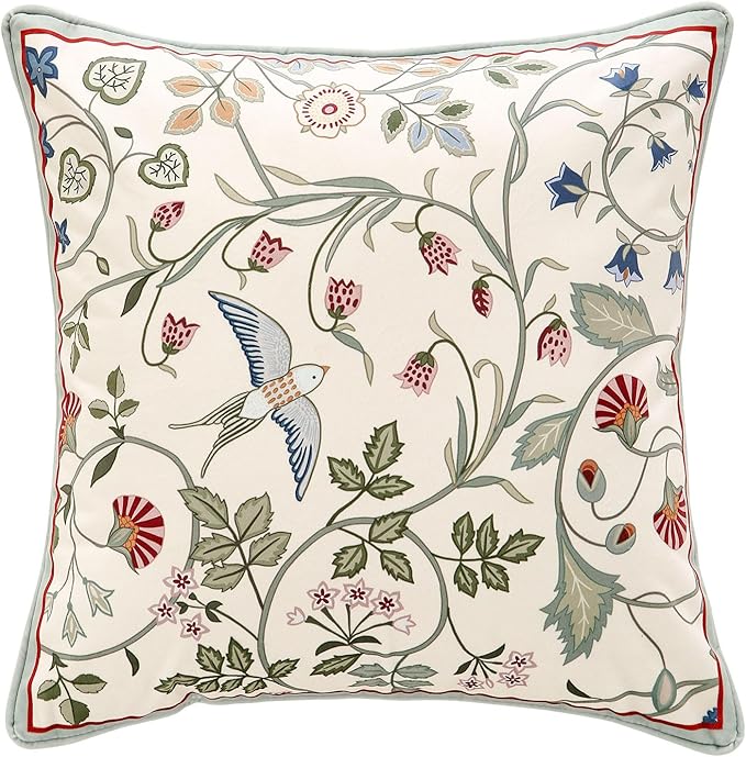 Square Throw Pillow Covers, Green Cozy Velvet Farmhouse with Birds and Flowers Pattern Pillowcases,Decoration Pillows Cushion Covers for Couch Sofa Bed Car Chair,18"x18"