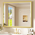 Keonjinn 42" x 36" Gold Mirrors for Bathroom Sink, Brushed Gold Bathroom Vanity Mirror, Beveled Tempered Glass, Aluminum Alloy Frame, Rustproof, Large Rectangle Wall Mirror for Decor, Modern Farmhouse