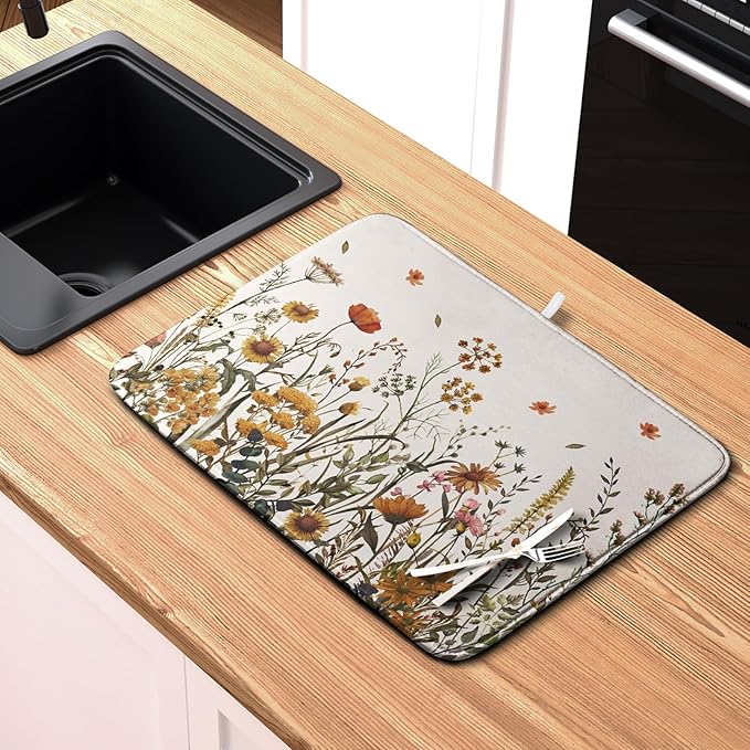 Fall Floral Dish Drying Mat for Kitchen Counter Autumn Burnt Orange Wild Flowers Dish Draining Mat Absorbent Microfiber Dishes Pad Washable Dish Drainer Rack Mat Large 18"x24"