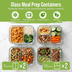 FIT Strong & Healthy Glass Meal Prep Containers, 2 & 3 Compartments - Portion Control, Lunch Container Set, Food Storage, Airtight Lids, Oven & Freezer Safe, Leak-Proof Bento Box, 32 oz, Blue, 4 Pack