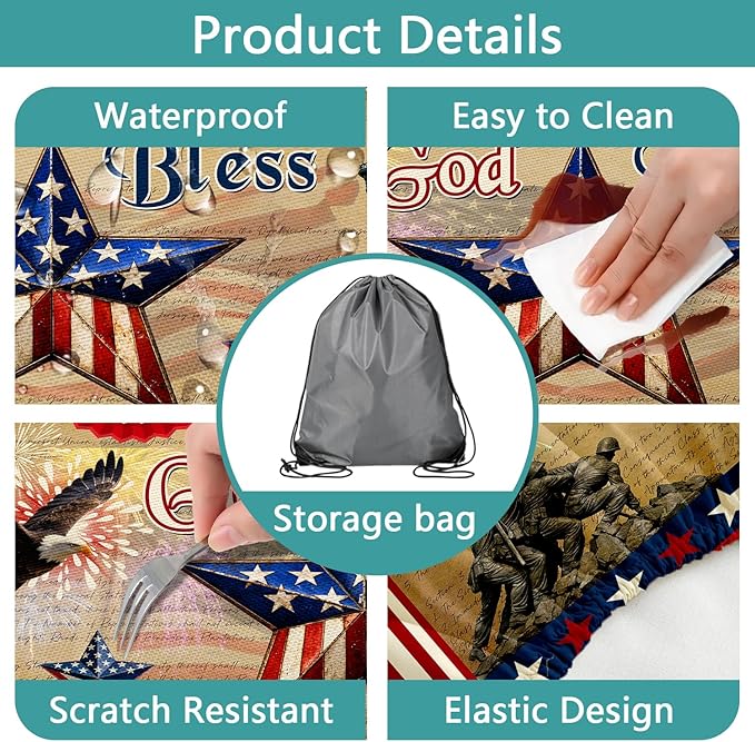 JAWO Patriotic 4th of July Picnic Table Cover with Bench Covers, Waterproof American Flag Eagle Tablecloth with Elastic Edge, Lightweight Camping Essentials for Rectangle Tables with Carrying Bag,60in