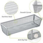 Neudeco Drawer Organizer Set 6 Pack - 5-Compartment Silverware Organizer Tray + 5 Utensil Trays, Kitchen Drawer Organizer for Flatware, Cutlery, Office Supplies, Silver Mesh, Non-Slip
