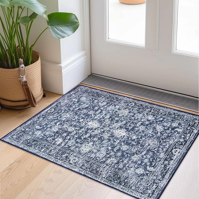 KILOCOCO Washable Rug 2x3 Rug for Entryway Printed Vintage Floral Soft Non-Slip Blue Kitchen Rugs Indoor Door Mat, Small Accent Throw Rugs for Laundry Room Bedroom Entrance