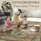 6x9 Machine Washable Area Rug for Living Room, Brown Green Boho Vintage Floral Rug Large Non-Slip Low Pile Soft Faux Wool Carpet, Kids and Pets Friendly for Bedroom Dining Room Farmhouse Decor Rug