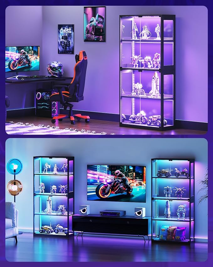 AODK Display Case with RGB Lights, 4-Tier Display Cabinet with Glass Doors and