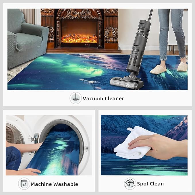 5x7 Snowy Mountains Rugs for Bedroom - Aurora Borealis Print Rug, Polar Landscape Rug Non Slip Soft Rugs for Living Room Hardwood Floors Teen Room