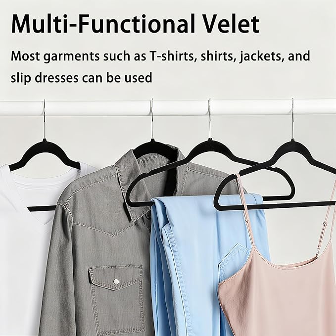 Velvet Hangers 50 Pack, Non Slip Clothes Hanger Felt Hanger with Pants Bar Slim Space Saving Suit Hangers for Closet Organizer, Heavy Duty Coat Hanger, 360° Rotating Hook(Black)