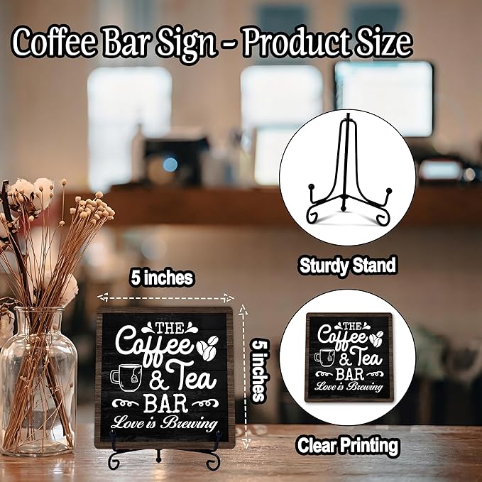 Coffee Bar Sign, Love is Brewing Farmhouse Tabletop Decor, Coffee and Tea Lover Gifts, 5x5 Wood Plaque with Iron Stand for Home Kitchen Cafe, Coffee Bar Decor – L05