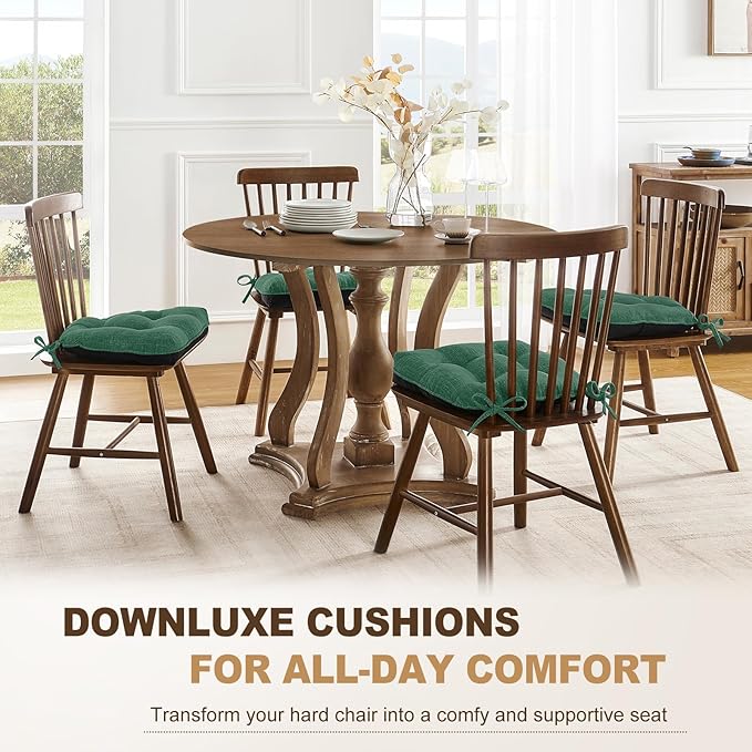 downluxe Indoor Chair Cushions for Dining Chairs, Tufted Overstuffed Textured Foam Kitchen Chair Pads with Ties and Non-Slip Backing, 15.5" x 15.5" x 4", Dark Green, 6 Pack