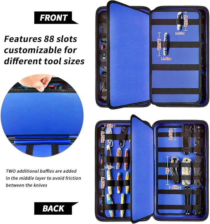 GWCASE Display Case for 66+ Pocket Knives. Folding Holder, Butterfly Storage Organizer, Roll Collection Pouch Carrier Bag for Survival Tactical Outdoor for EDC Mini Knife -Blue