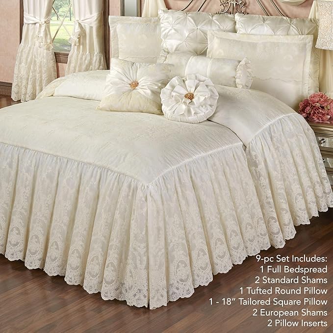 Cameo Lace Luxury Washable Polyester Bedding | Vintage | Pearl Scroll Leaf Quilting | Set of Nine: Full Bedspread, 2 Standard Shams, 2 European Pillows and 2 European Shams, Square and Round Pillows
