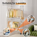 M MZG Heavy Duty Rolling Garment Rack 3 Tiers Adjustable Wire Shelving Clothes Rack with 2 Rods and Side Hooks,Storage Closet Clothing Rack with Wheels White 15.7" D x 29.5" W x 74.5" H