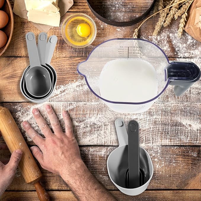 Measuring Cups and Spoons set 10 Pieces, Stackable Measuring Cup with Lid, Kitchen Cooking Baking Measuring Spoons Set for Liquid and Dry, BPA Free, Dishwasher Safe