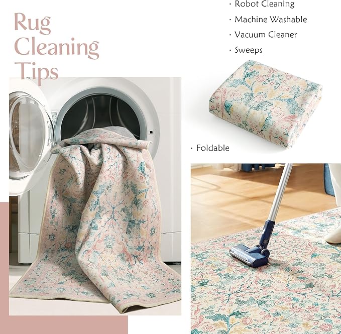 MUJOO 2x3 Washable Rug,Pink Floral Small Area Rugs for Bathroom Entryway Entry Bedroom Bedside,Boho Front Door Mat Indoor Entrance Throw Carpet Botanical Vintage Non Slip Ultra-Thin