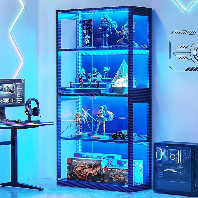 AODK Display Case with RGB Lights, 4-Tier Display Cabinet with Glass Doors and