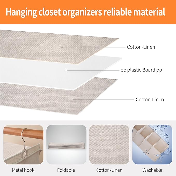 Large Hanging Sweater Organizer for Closet,Collapsible 6-Shelf Hanging Closet Shelves with Drawers, Washable (Beige -6 Shelf)