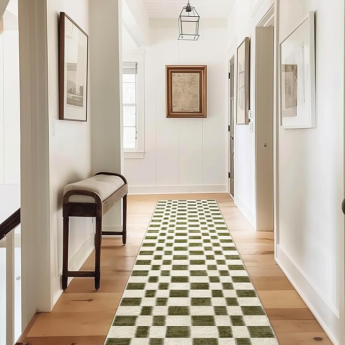 EVERGRACE Checkered Plaid Area Rug 2x10, Soft Fuzzy Faux Wool Rugs Washable Anti Slip Rugs Long Runner Carpet for Entryway Bedroom Living Room Hallway Kitchen Dining Room and Laundry, Olive Green