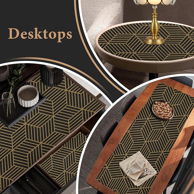 Shelf Liners for Kitchen Cabinets 12in x 30FT, Non Adhesive Cabinet Liner Strong Non-Slip Black Gold Geometric Drawer Liner, Easy to Clean for Shelf, Cabinet with Knife and Tape Measure