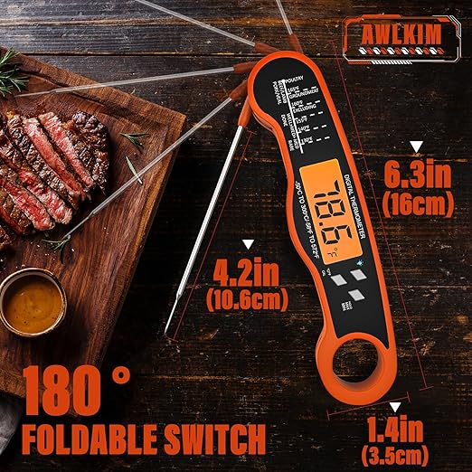 AWLKIM Digital Meat Thermometer with Doneness Chart, 2-Sec Instant Read Food Thermometer for Cooking, Grilling, Oven, Air Fryer - Waterproof Backlit Magnetic Flip Probe, Gift for Men, Dad - Orange