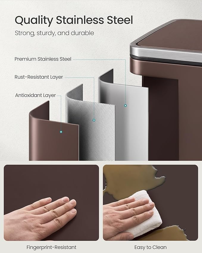 SONGMICS Trash Can, 13-Gallon Gabbage Can, with 15 Trash Bags, Stainless Steel, with Soft-Close Lid, Removable Inner Bucket, Handles, Red Brown ULTB595MZ01