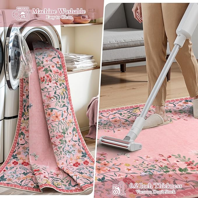 Wonnitar 2x3 Pink Bathroom Rugs Non Slip Washable, Floral Small Area Rugs for Entryway, Low Pile Soft Door Mat Indoor Entrance Throw Carpet for Kitchen Bedside Laundry Room (Pink,2'x3')