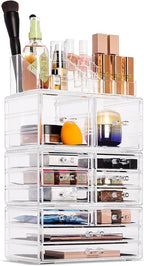 Sorbus Large Makeup Organizer - Clear Stackable Jewelry Makeup Organizer for Vanity, Bathroom Storage Display Case - 12 Drawers Cosmetic Beauty Organizers and Storage with Lipstick Makeup Brush Holder