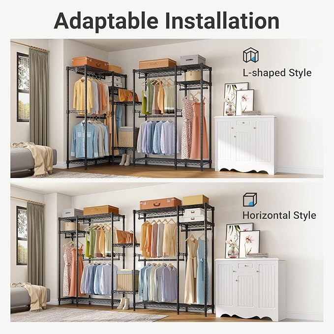 VIPEK V2 Heavy Duty Clothes Rack, Portable Metal Clothing Racks with 4 Tiers Adjustable Wire Shelving & 3 Hanging Rods, Freestanding Wardrobe Portable Closet Rack, Max Load 700LBS, Black