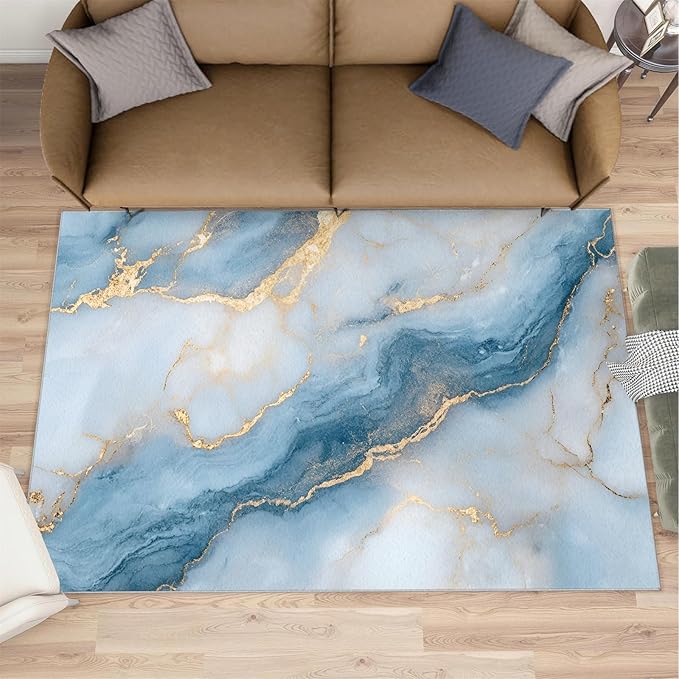 6x9 Abstract Marble Living Room Rug - Blue-White-Marble Bedroom Carpet, Luxury Stone Pattern Classroom Rug for Carpet Boy Bedroom Office Nursery Hardwood Home Decor