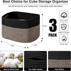 ICERZCZ Storage Baskets for Organizing Shelves, Toy Basket for Kid's Room, Woven Cotton Rope Basket for Decor, Organizing Baskets for Bedroom Living Room, 15"x11"x9.5", 3 Packs, Black & Jute