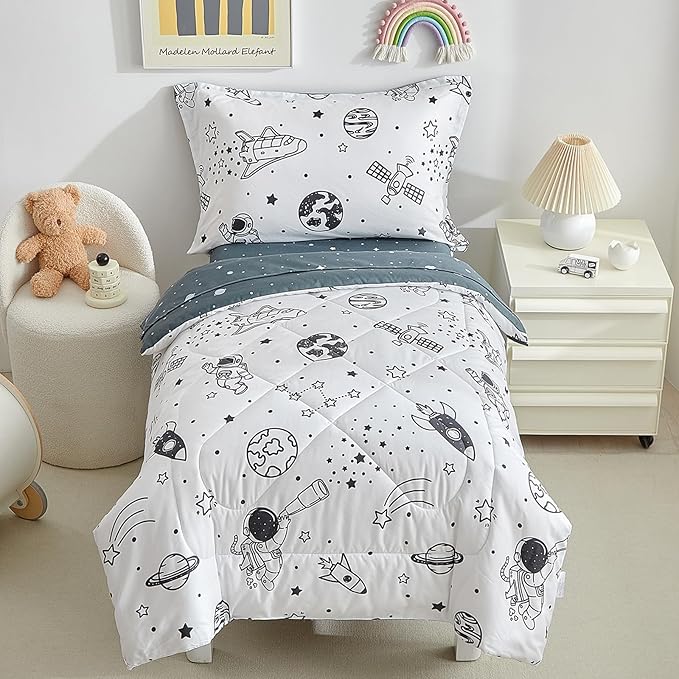 DuShow 4 Piece Toddler Bedding Set for Boys,White Space Crib Bedding Sheets Set,Soft Toddler Comforter Set Bed in a Bag | Include Comforter,Flat Sheet,Fitted Sheet,Pillowcase