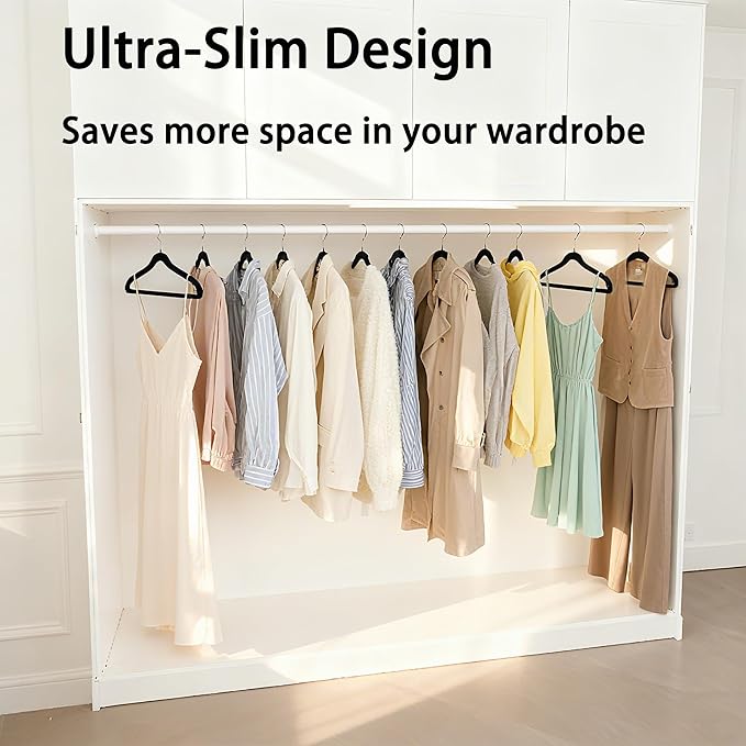 Velvet Hangers 50 Pack, Non Slip Clothes Hanger Felt Hanger with Pants Bar Slim Space Saving Suit Hangers for Closet Organizer, Heavy Duty Coat Hanger, 360° Rotating Hook(Black)