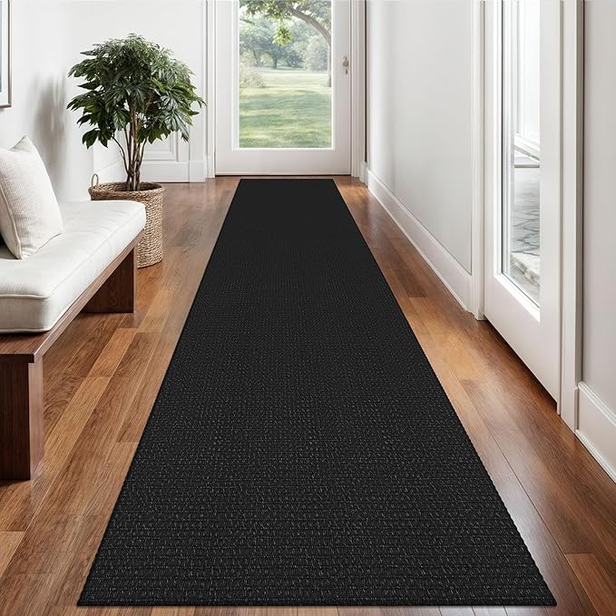 Braided Runner Rug 2x12 Ft Washable Runners for Hallways Non Slip Rubber Backed Kitchen Runners Cotton Extra Long Entryway Runner Indoor, Woven Carpet for Hall Entryway, Black/Grey