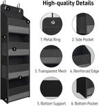 TYMENSH Black Over Door Organizer with 4 Large Clear Pockets, Compact Black Hanging Door Storage for Closet, Bathroom, Bedroom, Dorm, Nursery, Toys, Cosmetics, Baby Essentials