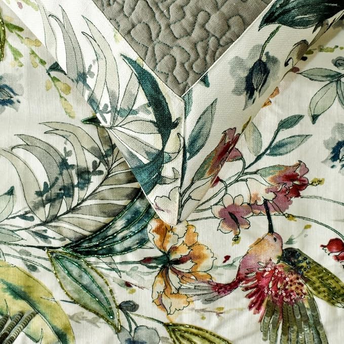 The HomeCentric King Queen Twin Ivory & Multi Designer Queen 74"x18" Bed Runner with Pillow Cover, Bird, Sequins & Beaded Bed Scarf on Cotton Fabric - Exotic Birds
