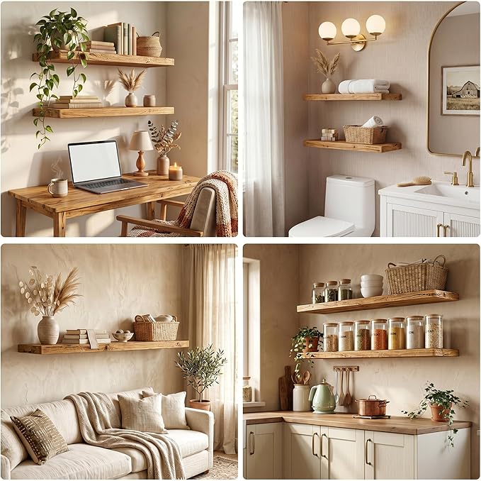 Floating Shelves 30" W x 8" D, Solid Elm Wood Shelves for Wall, 8 Inch Deep - Rustic Wooden Bathroom Shelves 30" Long, for Living Room, Kitchen, Office, Entryway, Set of 2, Heavy-Duty Bookshelf