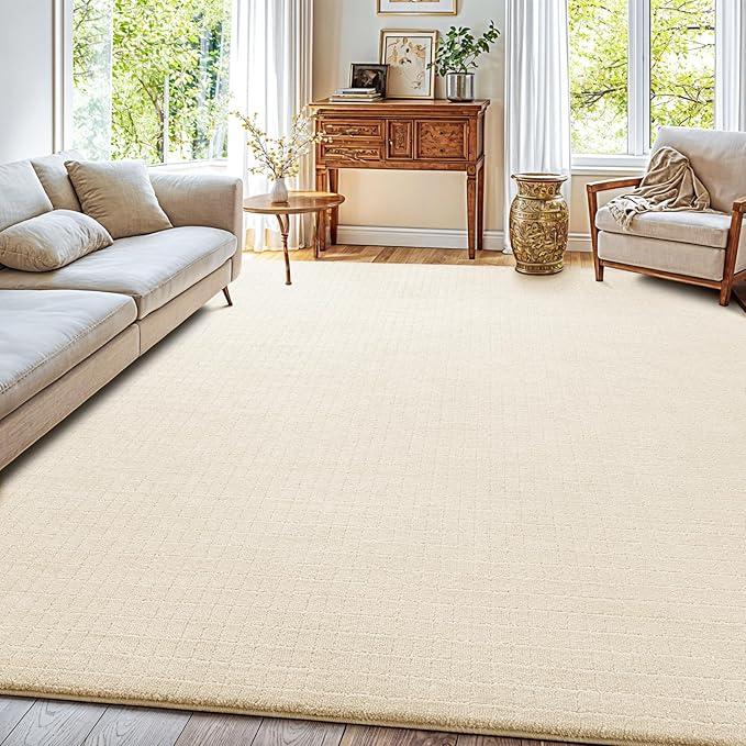 Shilucheng Wool Rug 9x12 Non-Slip, Blend 80% Wool and 20% Cotton Rugs for Living Room, Bedroom, Dinning Room, Soft Durable Cotton Backing Modern Area Rug (Beige/White)