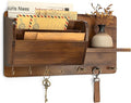 Rebee Vision Pine Wood Key Holder Wall Mount for Home Decor - Stylish Mail Holder Wall Mounted with Shelf & Hooks for Entryway - File Organizer with 3-Tire Mail Sorter for Lettter, Paper (Light Brown)