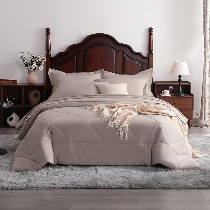 7-Piece King Comforter Set with Sheets – Soft and Breathable All-Season King Bed in a Bag, Down Alternative Comforter Set Solid Color All Season, Light Taupe