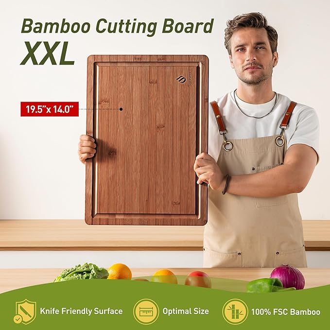 Extra Large Bamboo Cutting Board with Non Slip Feet and Over Sink Butcher Block Chopping Board Nice Solid Thick Wooden Juice Groove Big Xl XXl xlarge Best Hardwood Kitchen Counter Organic
