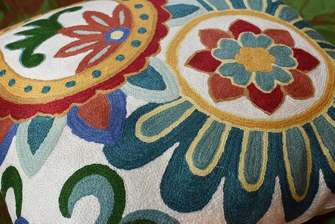 Daisy Floral Pillow Cover Teal Flower Pillowcase Flowery Outdoor Cushion Suzani Accent Pillowsham Flower Floral Chair Cushion Hand Embroidered Cushions Wool Size 18x18