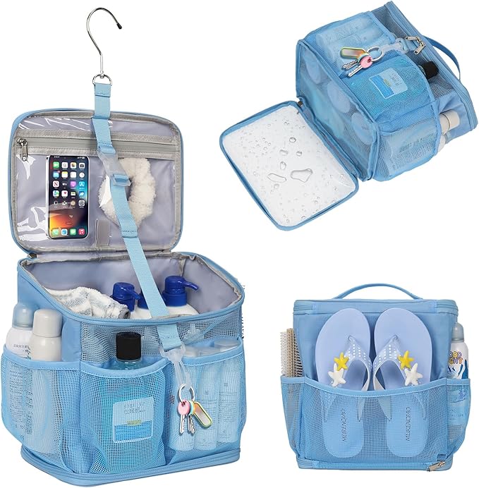 CUBETASTIC Shower Caddy Portable Mesh Shower Tote for Bathroom, Gym, Travel, Camping - Quick Dry Hanging Organizer Toiletry Bag with Handle for College Dorm Room, Men & Women (A# Blue, 9.8")