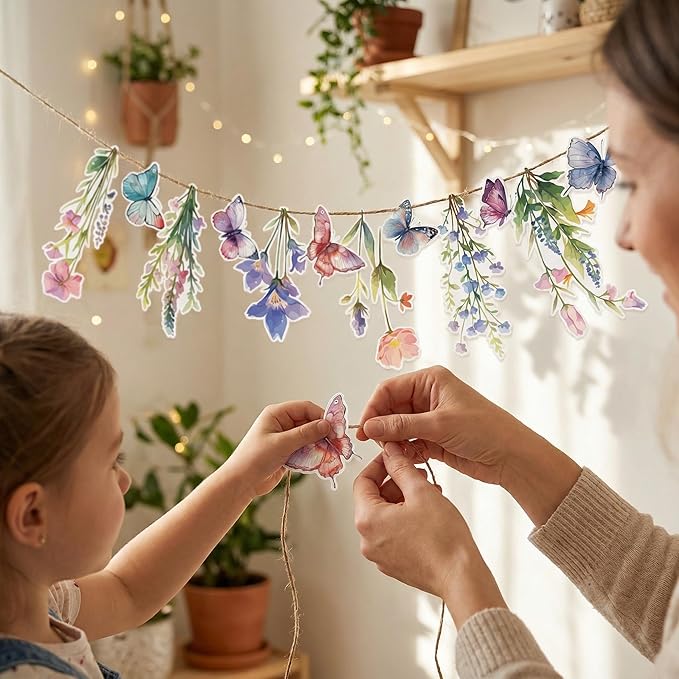 48Pcs Flower Fairy Banner Decorations Floral Designs Wildflower Garland – with 5m Jute Rope, for Baby Shower, Wedding, Easter Backdrop, Enchanted Garden Party Supplies (Butterfly)