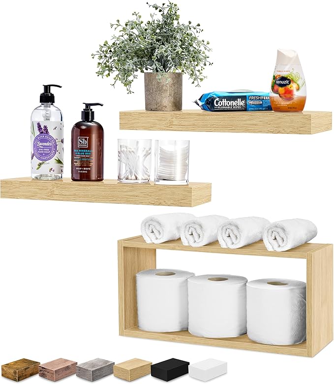 Sorbus Floating Shelves for Wall Set of 3 - Bathroom Shelves for Wall Storage, Over Toilet, Bedroom, Farmhouse, Decor - 2 Floating Shelves with Invisible Brackets & 1 Rectangular Box