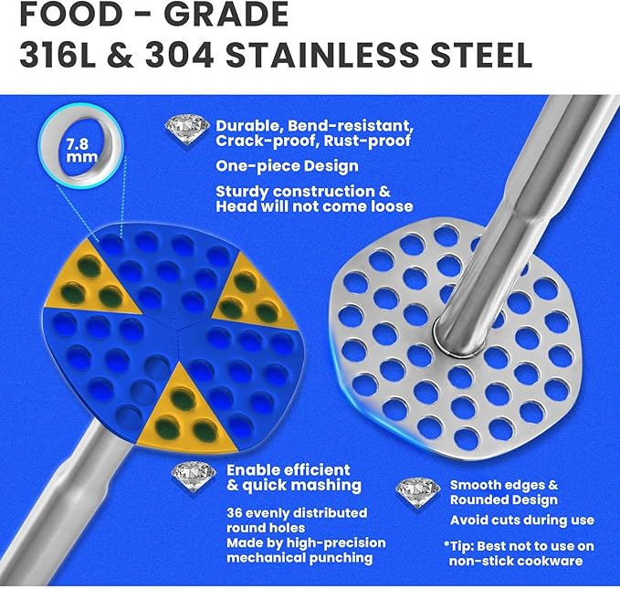 316L Stainless Steel Potato Masher, Dishwasher Safe, Bean Masher