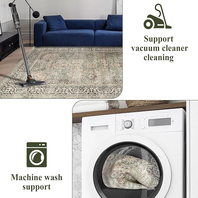 5X7 Area Rugs for Living Room - Large Washable Rugs 5x7 Vintage Rug Throw Low Pile Rug Non-Slip Distressed Carpet for Bedroom, Office, Kitchen,Entryway, Dining Room, Olive Charcoal