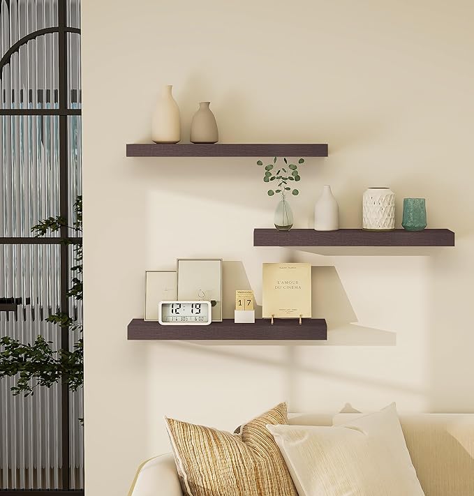 Vervida® Shelves for Wall Storage for Bathroom, Bedroom, Living Room, Kitchen, Hanging Shelf for Books/Storage/Room Decor with 32 Lbs Capacity Floating Wall Shelves (Brown, Set of 3, 24" W x 5.8" D)